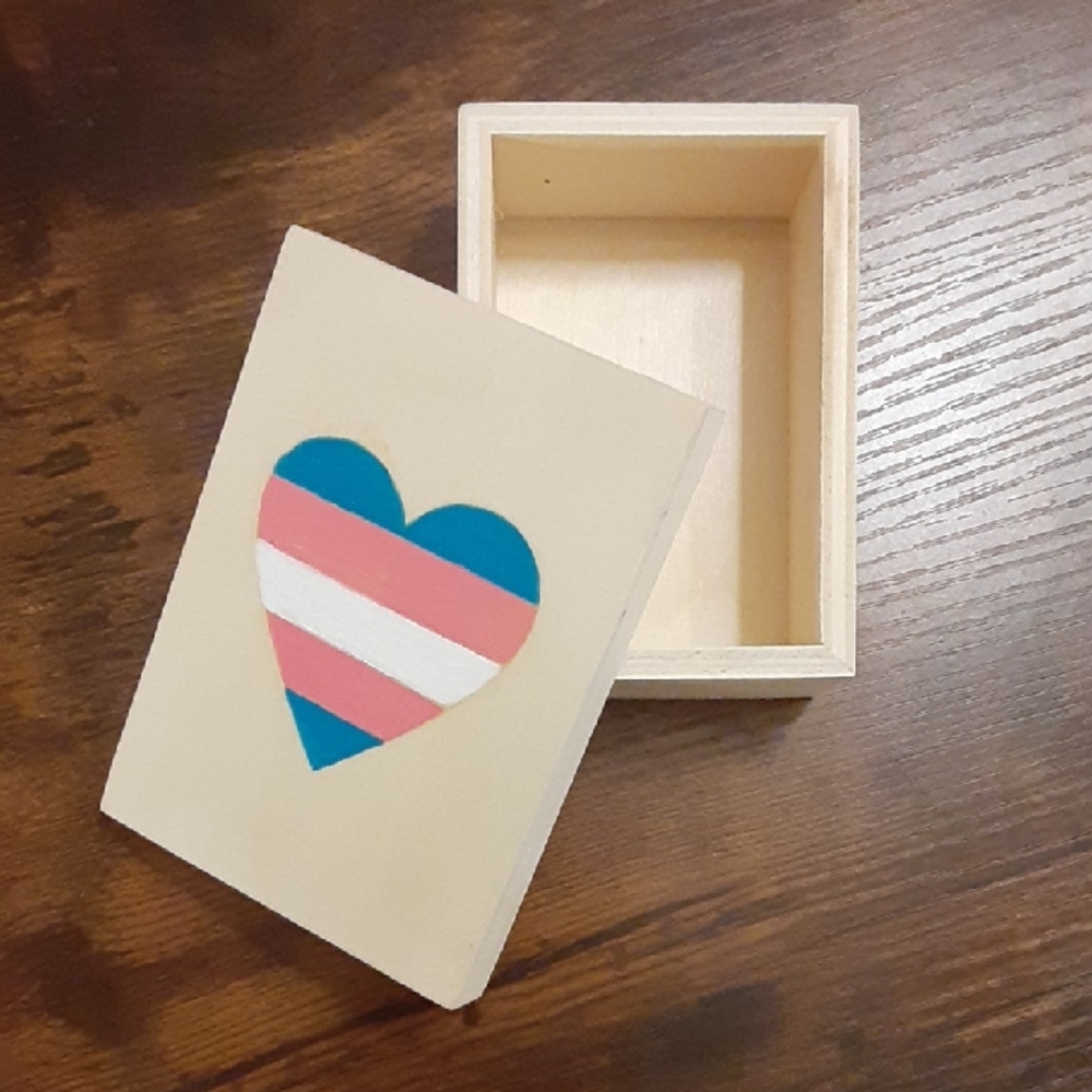 Wooden Trinket Box with Hand-painted Trans Pride Heart